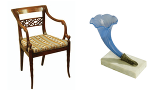 Circa 1821 exhibition: Armchair; mahogany wood; England or United States (perhaps Philadelphia), late Sheraton style, c. 1810–20 and Cornucopia vase; colored glass and metal on a marble base; England, c. 1850