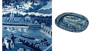 Circa 1821 exhibition: Detail of platter with View of the Dam and Waterworks at Fair Mount, Philadelphia; earthenware; England, Staffordshire, attributed to the Burslem pottery of Joseph Stubbs, c. 1825–30