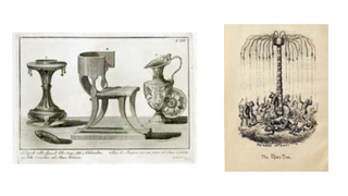 Circa 1821 exhibition: Designs after the antique; plates V, VI, XI, XIV, and XXI from Nuova raccolta rappresentante i costume religiosi, civili, e militari degli antichi Egiziani, Etruschi, Greci, e Romani; tratti dagli antichi monumenti, per uso de professori delle belle arti (plate XIV shown) engravings by Domenico Pronti Rome, 1808 and The Raving Maniac and the Driv’ling Fool; The Gin Palace; The Drunkard’s Home; and The Upas Tree etchings; designed by George Cruikshank London, 1842