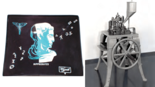 Images of a glass ashtray with Ancient Greek physician Hippocrates and the Wyeth logo and a Wyeth rotary tablet press