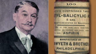 Portrait of Wyeth and a bottle of Aspirin manufactured by Wyeth's company