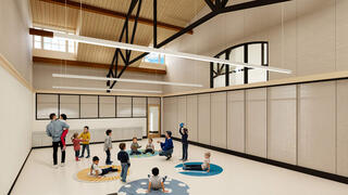 Kinney renderings with students playing in multipurpose room