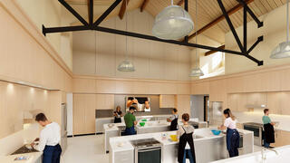Kinney rendering showing a teaching kitchen on the third floor to enhance vocational training opportunities that strengthen independent cooking and baking skills. 