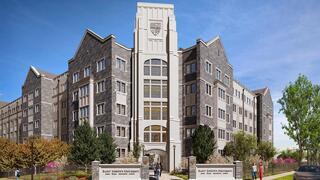 Exterior photo of Sister Thea Bowman Hall from the corner of Cardinal and City Avenues