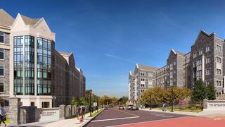 Rendering of Cardinal Avenue, highlighting the exterior of Sr. Thea Bowman Hall and Villiger Hall.