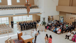 overhead shot of wedding in Chapel of St. Joseph