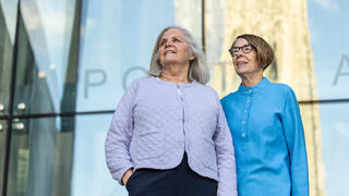Sister Mary Scullion, R.S.M., BS ’76, H ’88, and Joan Dawson McConnon, H ’24