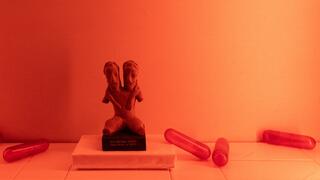 Installation detail, red skim over a statuette with two heads on a shelf with oversized fuchsia pill capsules.
