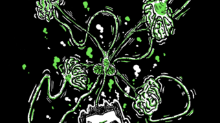 An illustration of the author, with his brain coming out of his head and pulling itself apart with hand-like appendages.