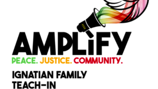 Amplify logo, a megaphone with swirling colors coming out that form a shape of a dove