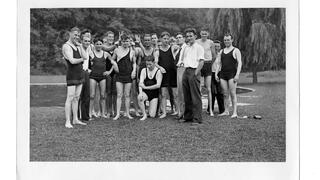 Group of student in old-time bathings suits
