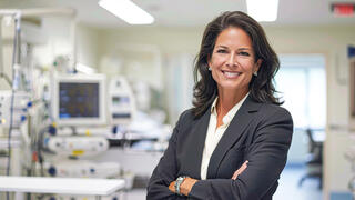 smiling healthcare executive standing in front of medical equipment