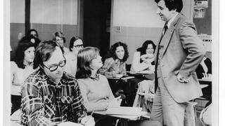 Student and professor having a discussion during class, 1980.