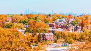 Fall treeline view of Philadelphia neighborhood near Saint Joseph's University looking at the Philadelphia skyline.