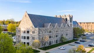 Mandeville Hall at sunset in the springtime.
