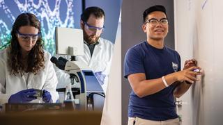graphic of graduate students conducting research in a lab and a undergraduate student writing on a whiteboard