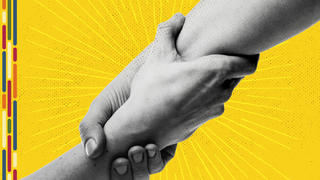 Illustration showing two individuals clasping one another wrists