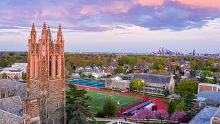 aerial shot of saint joseph's university's barbelin hall and field