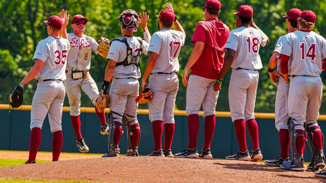 Saint Joseph's baseball team high fiving one another on the field