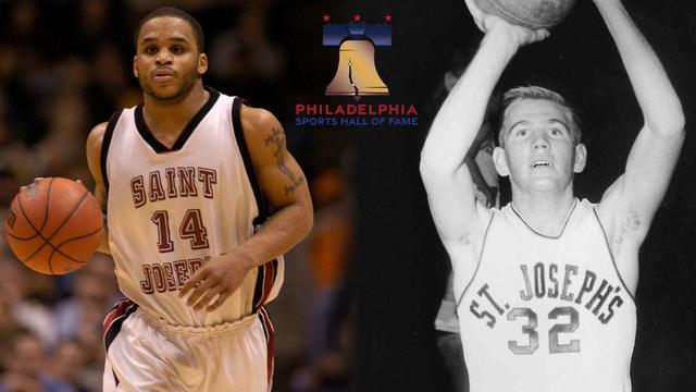 Former SJU men's basketball players in uniform for hall of fame induction