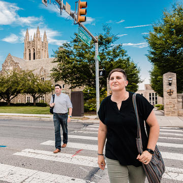 Saint Joseph's University graduate students looking across City Ave. in Philadelphia