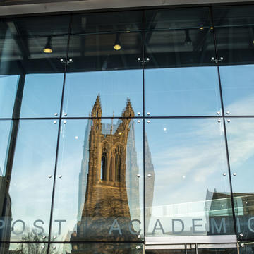Saint Joseph's University's Barbelin Hall reflecting of Drexel Library's window