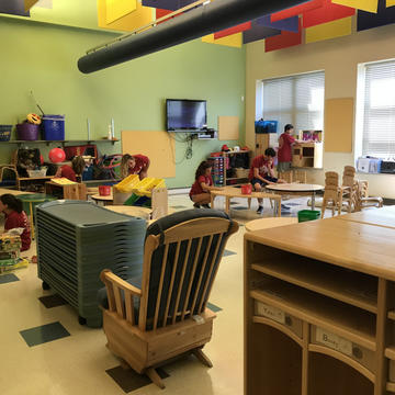 Empty classroom with many chairs and desks