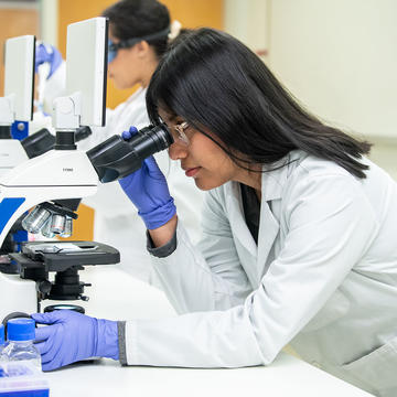 PCP Pharmaceutics MS student in lab looking through microscope