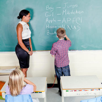 Female elementary teacher teaching students German