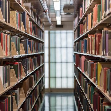 Photo of Saint Joseph's library aisle with books lining the shelves on each side