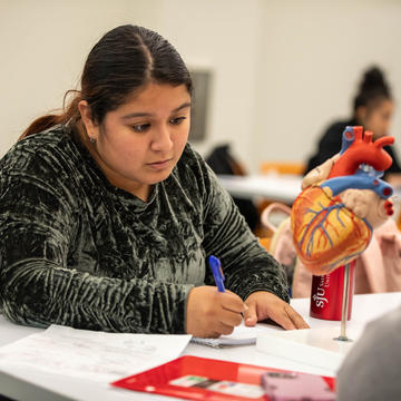 Female student taking notes on hear display