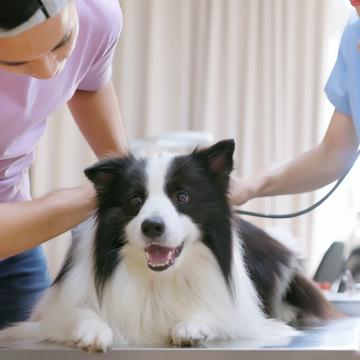 Person petting a dog that is laying down