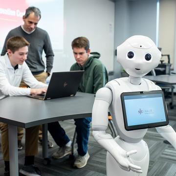 AI robot with a tablet and 2 students and a professor behind it
