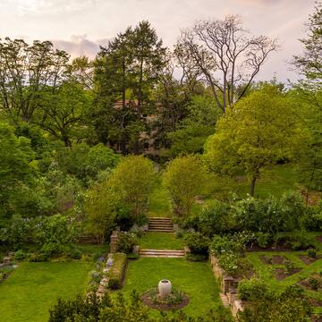 Overhead view of one of the Barnes Arboretum at Saint Joseph's University gardens at sunset