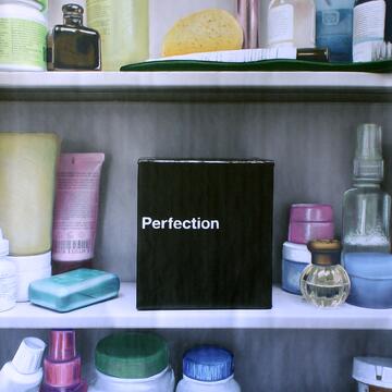 Drawing of inside of medicine cabinet with package labeled "Perfection" in the center