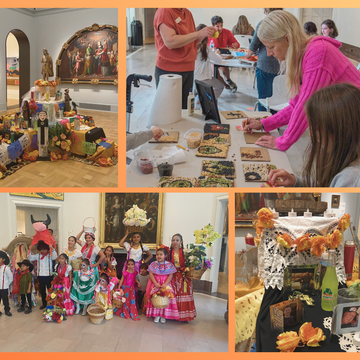 Photos of the Day of the Dead Family Day at the Maguire Art Museum. People doing crafts and details of the ofrenda. Orange background. 