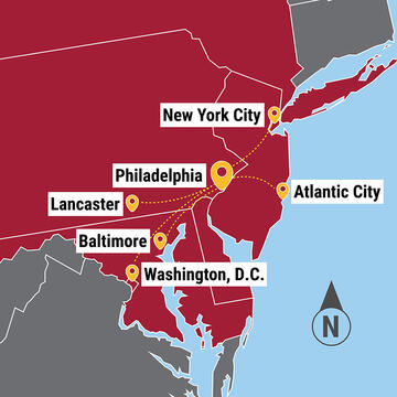 A map of the tri-state area with markers showing how convenient Hawk Hill are to other major cities