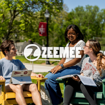 three students sitting on lounge chairs talking to each other with zeemee logo in center of image