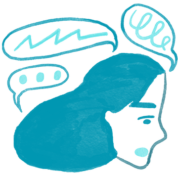 Illustration of a woman surrounded by text bubbles