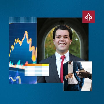 A man smiling in a suit and tie next to a stock chart