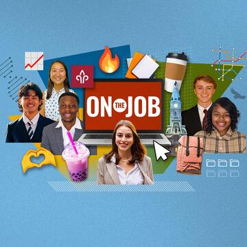 A collage of students dressed in business attire surrounding a laptop with On The Job printed on the screen