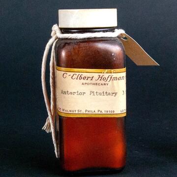 Rectangular glass bottle of "anterior pituitary, biological extract"