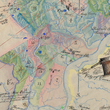  Proposed Sewage Disposal, etc. Philadelphia 1876 to 1906, hand-drawn map in blues, greens, and pink