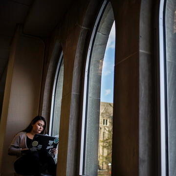 girl sitting alone in an arched window with a laptop