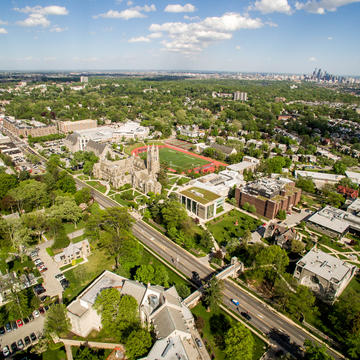 Aerial shot of Philadelphia and Saint Joseph's campus