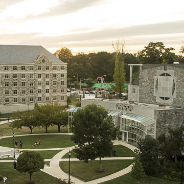 Aerial view of Saint Joseph's University campus with Villiger and the Chapel in the background