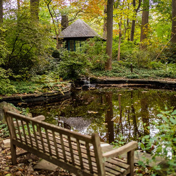 Barnes Arboretum at Saint Joseph's University pond and tea house.