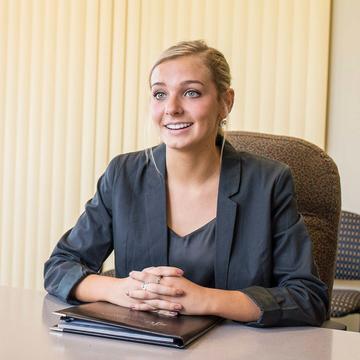 blonde female business student at saint joseph's university preparing for interview