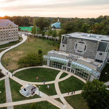 Aerial view of Saint Joseph's University campus with Villiger and the Chapel in the background