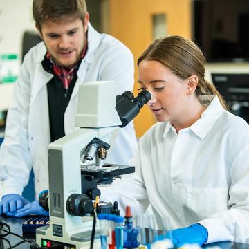 a student in a lab looking through a microscope